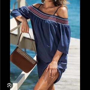 CUPSHE Open-Shoulder Smocked Mini Dress | Navy | Small | Like New